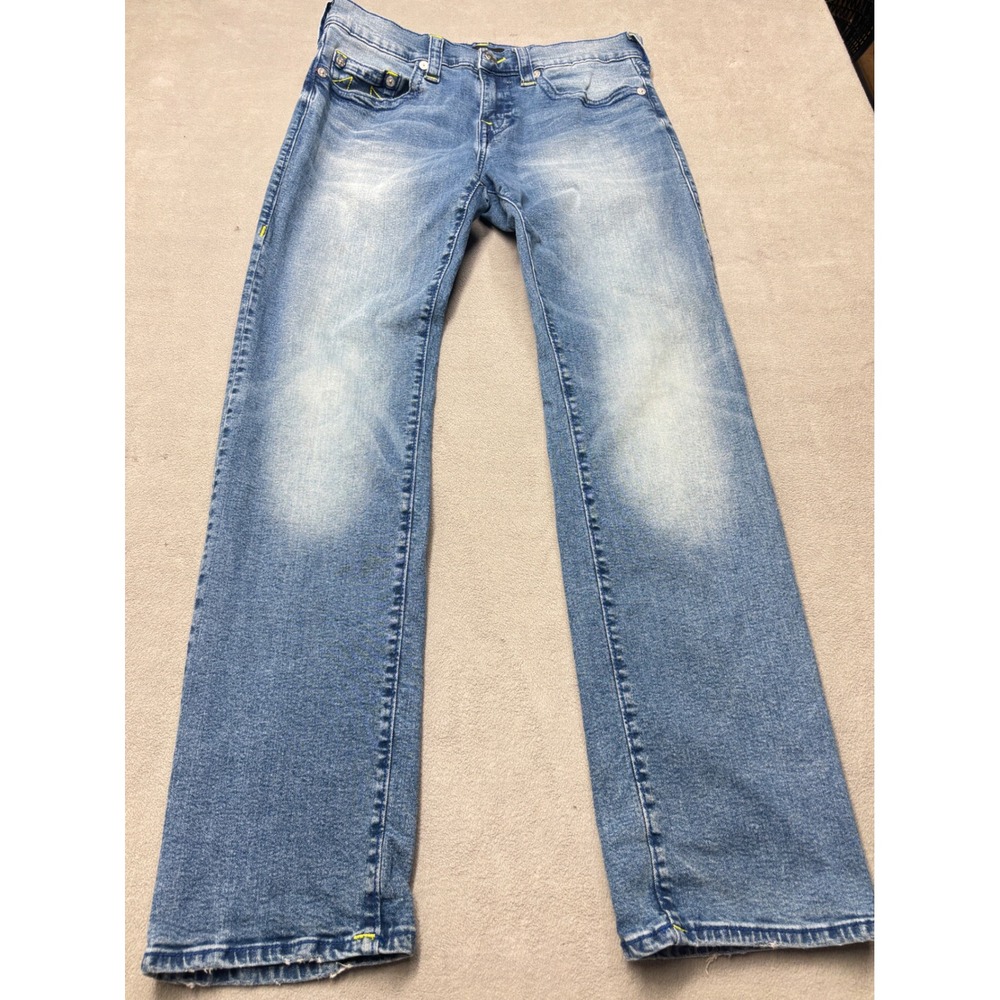 True Religion Ricky Relaxed Straight Jeans Blue Neon Yellow Stitch Mens 31